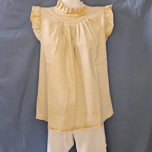 MAZIK Women's Vintage Latte Ruffle Sleeve Pleated Front Top(B3) - Picture 2 of 5